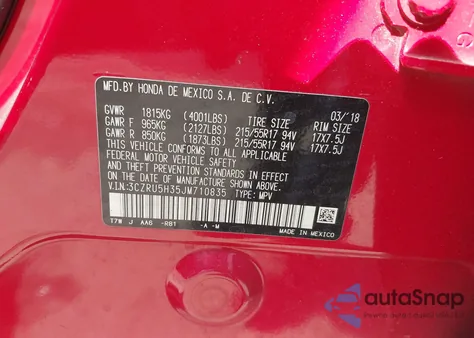 2018 Honda Hr-V Lx z USA, uszkodzony, nr VIN 3CZRU5H35JM710835